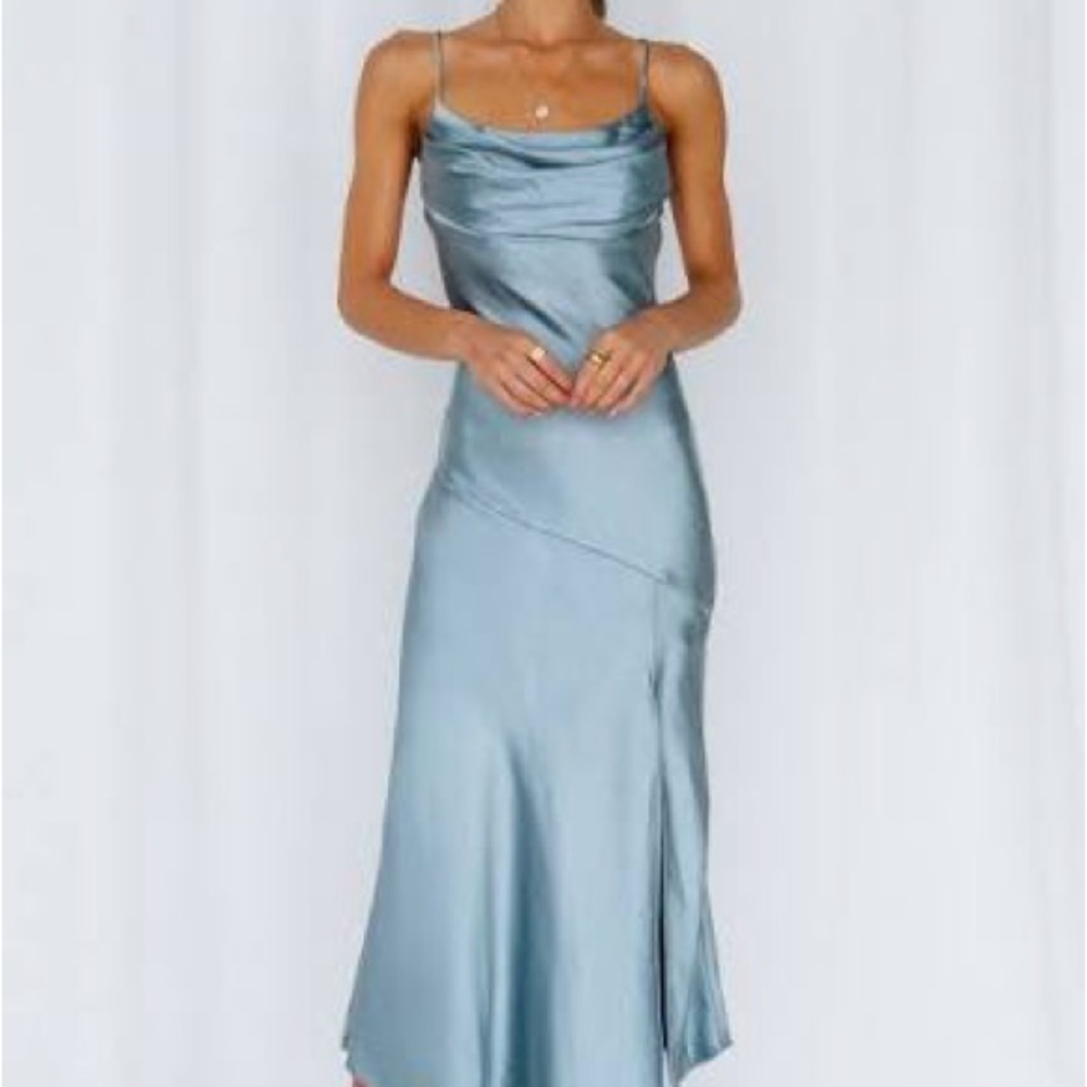 Hello Molly Satin Slip Midi Dress Light Blue XS